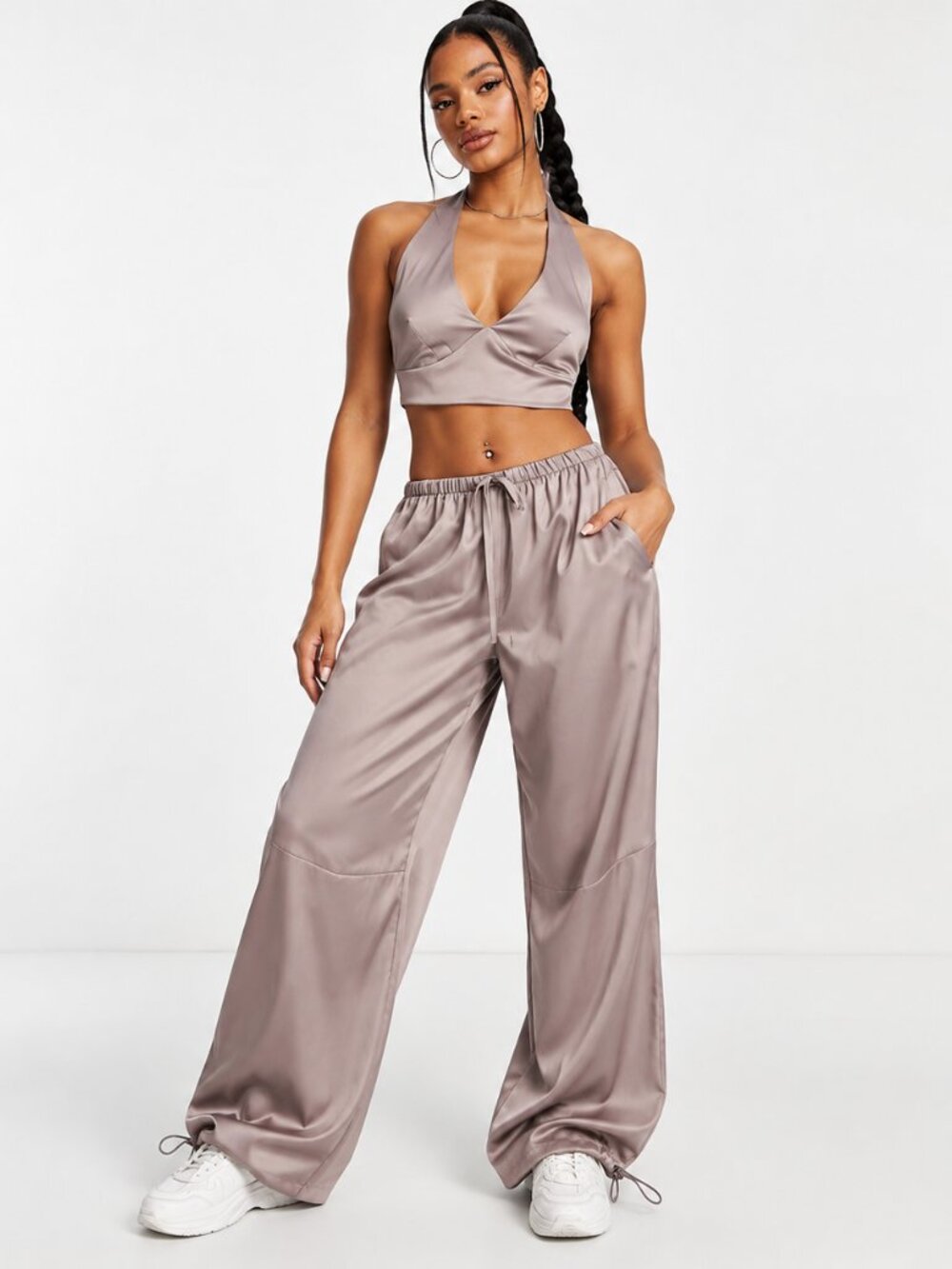ASOS DESIGN Satin Parachute Pants & Halter Bralette Matching Set Mink 6 S
